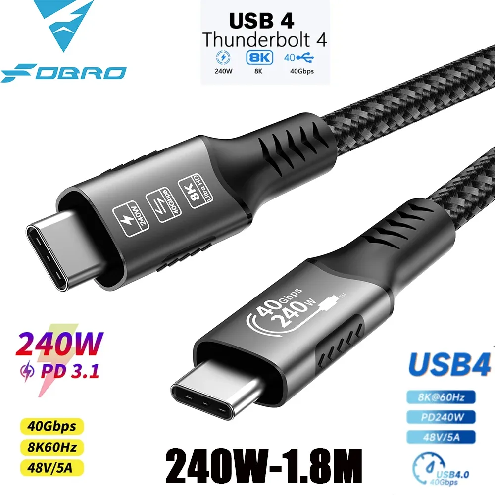Câble USB4 40 Gbps 48 V 240 W pour Thunderbolt 4 Type-C, câble de charge rapide Thunderbolt 3 USB-C vers USB-C, câble de transfert de données pour ordinateur portable 15