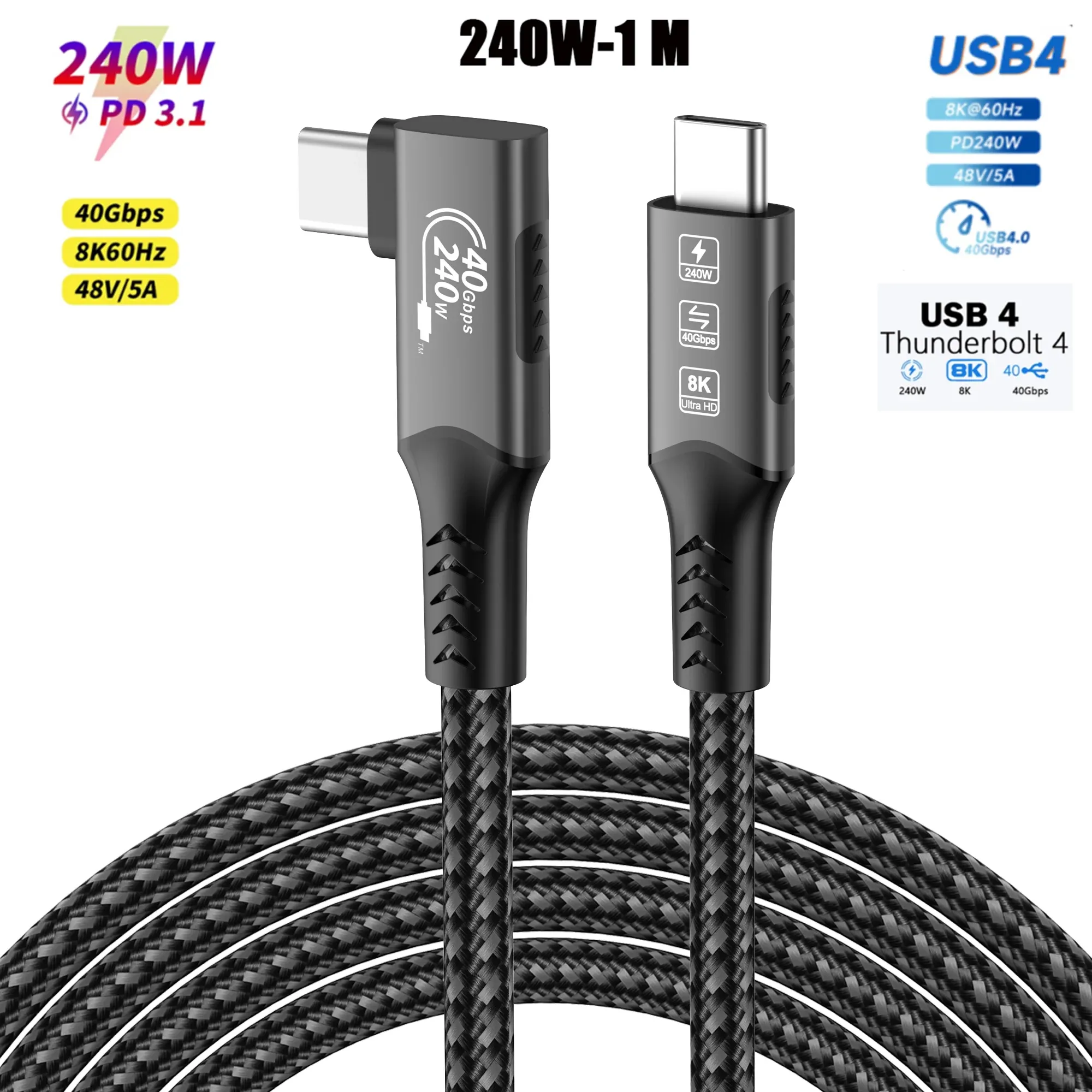 Câble USB4 40 Gbps 48 V 240 W pour Thunderbolt 4 Type-C, câble de charge rapide Thunderbolt 3 USB-C vers USB-C, câble de transfert de données pour ordinateur portable 12