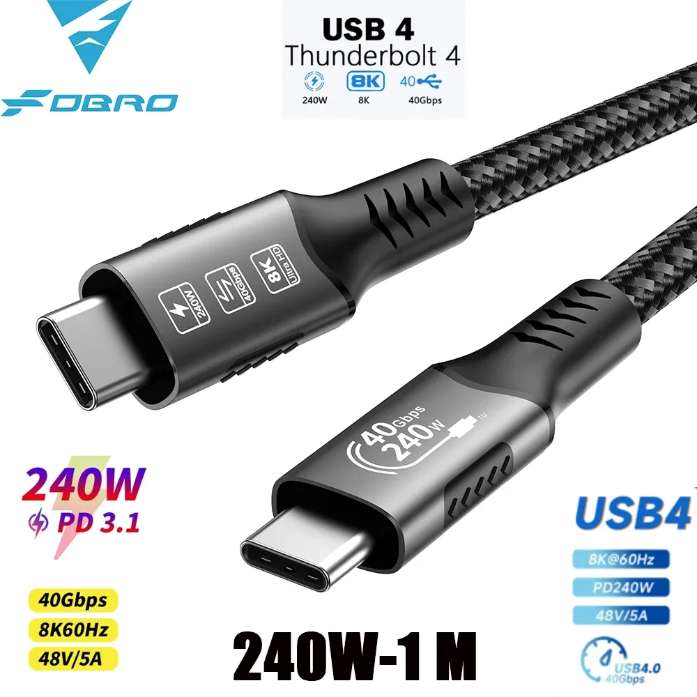 Câble USB4 40 Gbps 48 V 240 W pour Thunderbolt 4 Type-C, câble de charge rapide Thunderbolt 3 USB-C vers USB-C, câble de transfert de données pour ordinateur portable 16