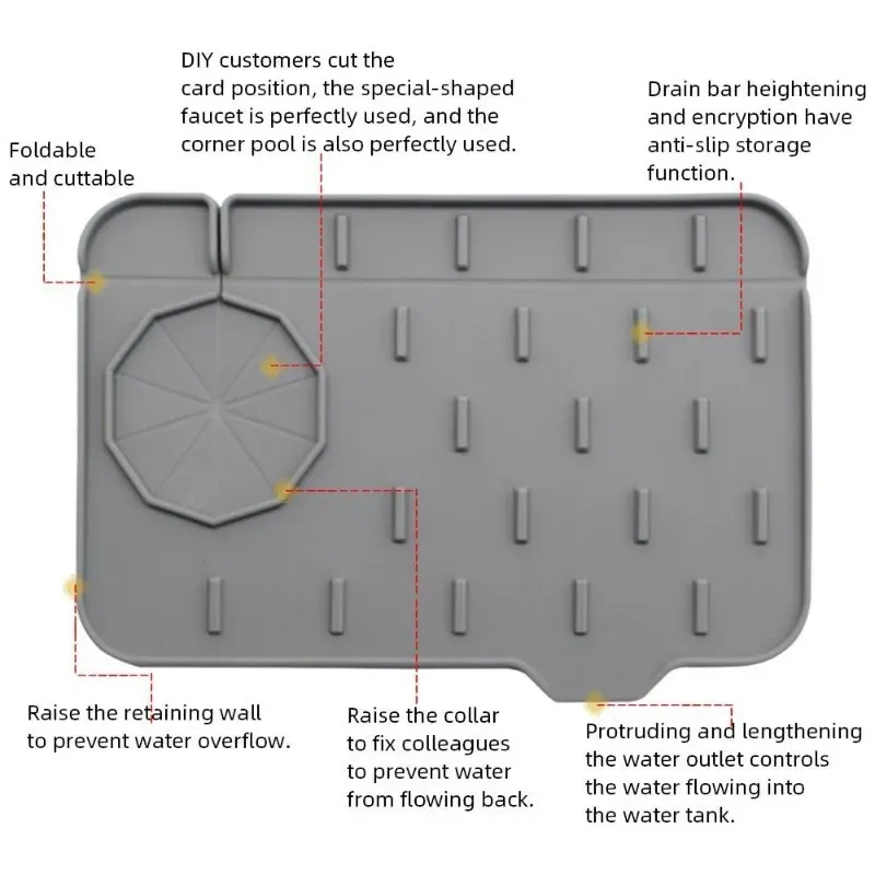 Tapis de robinet en silicone avec poignée, plateau collecteur d'égouttement, utilisation double face, tampon de vidange d'eau, protection contre les éclaboussures d'évier, accessoires de cuisine 2