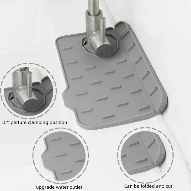 Tapis de robinet en silicone avec poignée, plateau collecteur d'égouttement, utilisation double face, tampon de vidange d'eau, protection contre les éclaboussures d'évier, accessoires de cuisine 3