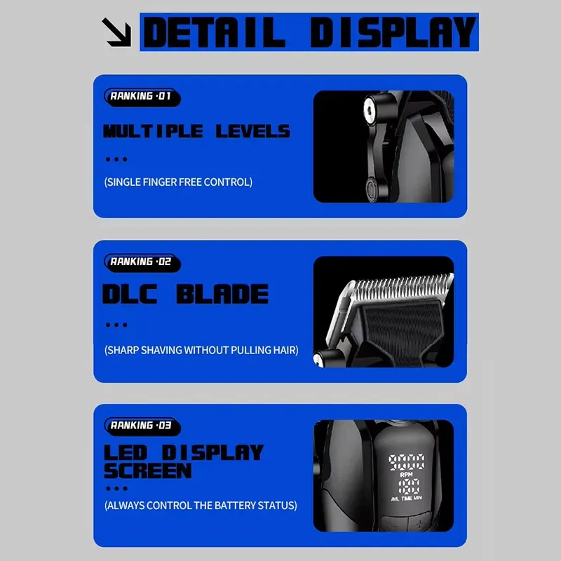 Tondeuse à cheveux professionnelle sans fil Kemei KM-1858 10 W, lame DLC, rechargeable par USB 5