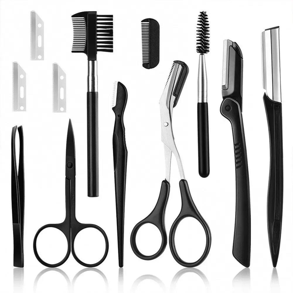 Ensemble de 4, 11 ou 12 pièces : rasoir à sourcils, ciseaux, pince à épiler et peigne à sourcils 9