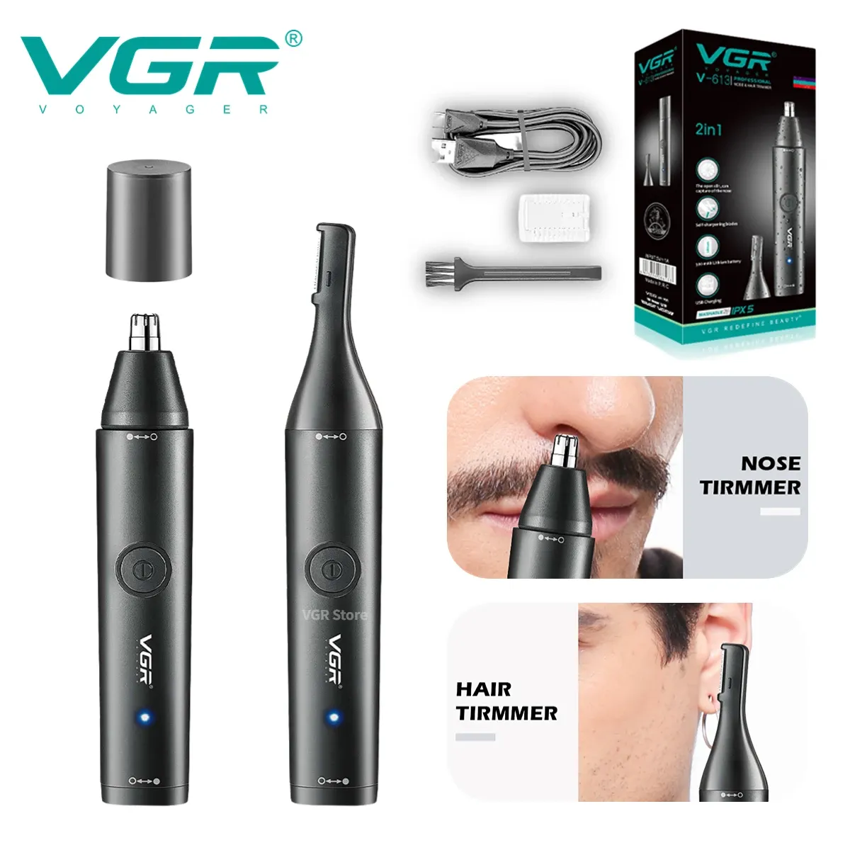 VGR Tondeuse professionnelle pour poils de nez, mini tondeuse à cheveux électrique 2 en 1, portable, rechargeable et étanche, V-613
