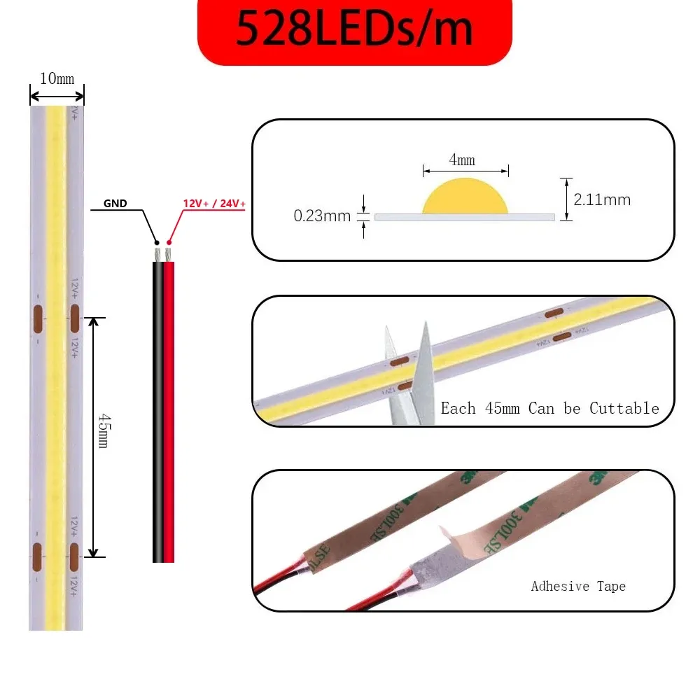Bande lumineuse LED COB flexible haute densité 480/528 LED/m, éclairage linéaire, blanc chaud naturel, rouge, bleu, vert, DC 12/24 V 3