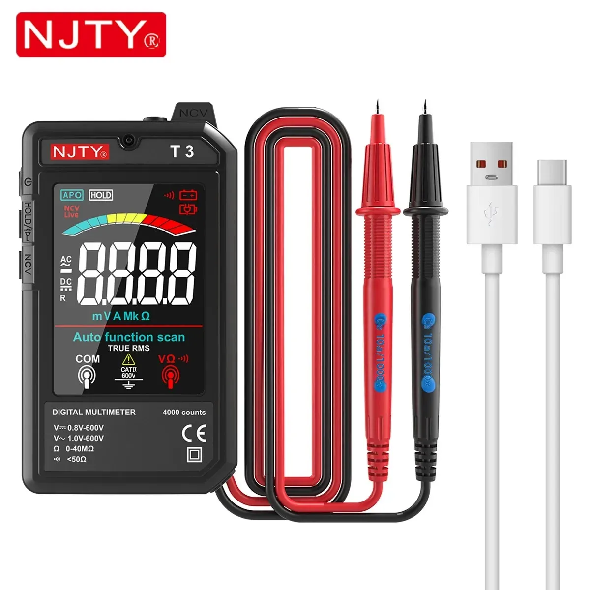 Multimètre numérique intelligent T3 NJTY, USB-C à charge automatique, 4000 points, ultra-fin, détection de tension sans contact (NCV), fil sous tension, écran couleur - Image 1