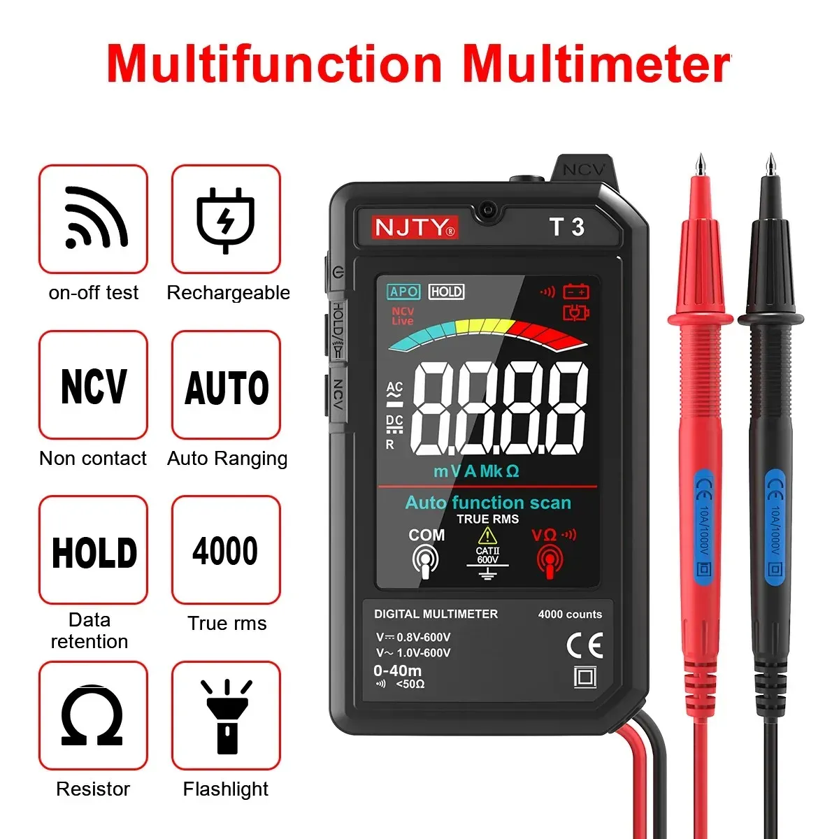 Multimètre numérique intelligent T3 NJTY, USB-C à charge automatique, 4000 points, ultra-fin, détection de tension sans contact (NCV), fil sous tension, écran couleur 4