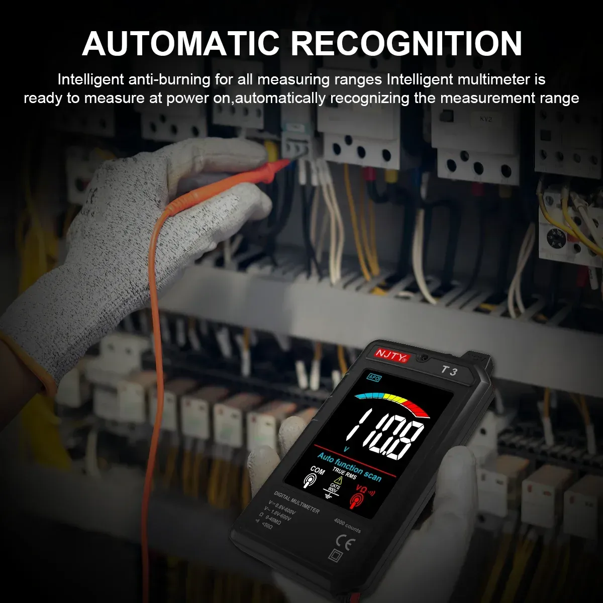 Multimètre numérique intelligent T3 NJTY, USB-C à charge automatique, 4000 points, ultra-fin, détection de tension sans contact (NCV), fil sous tension, écran couleur 6