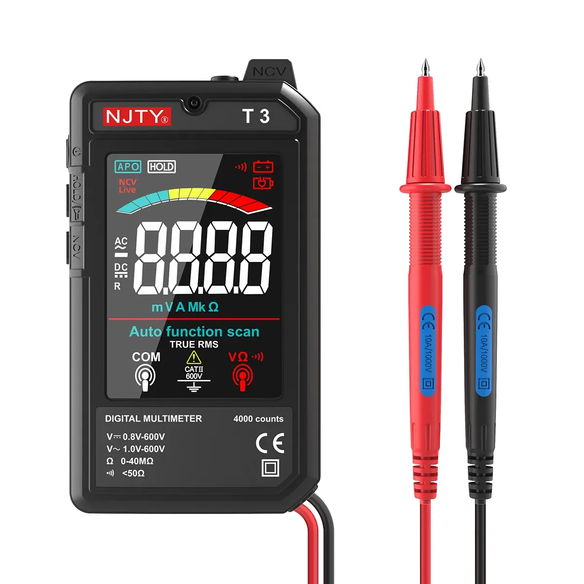 Multimètre numérique intelligent T3 NJTY, USB-C à charge automatique, 4000 points, ultra-fin, détection de tension sans contact (NCV), fil sous tension, écran couleur 7