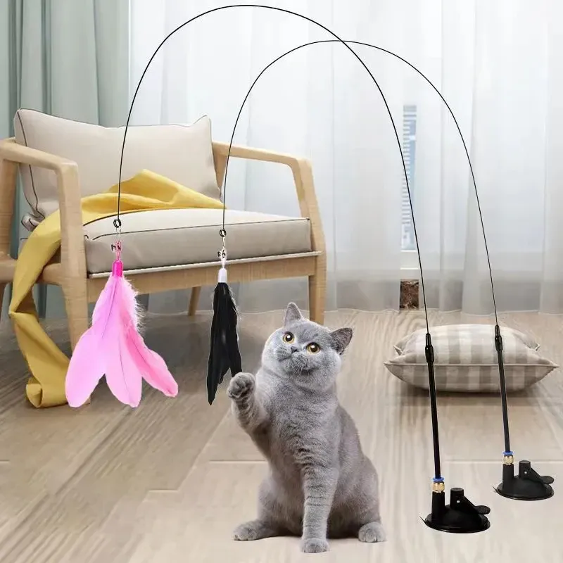 Baguette à plumes interactive pour chats et chatons avec ventouse détachable et 2 plumes de rechange - Image 1