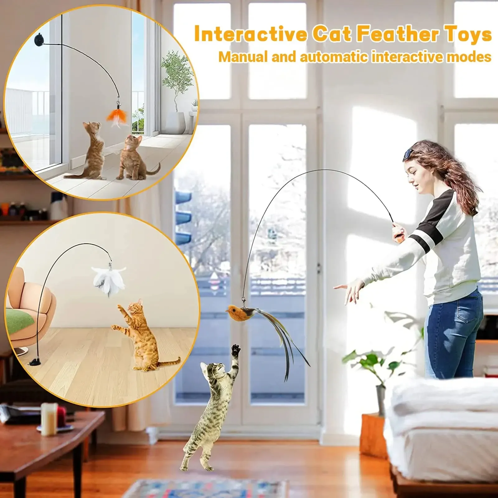 Baguette à plumes interactive pour chats et chatons avec ventouse détachable et 2 plumes de rechange 2