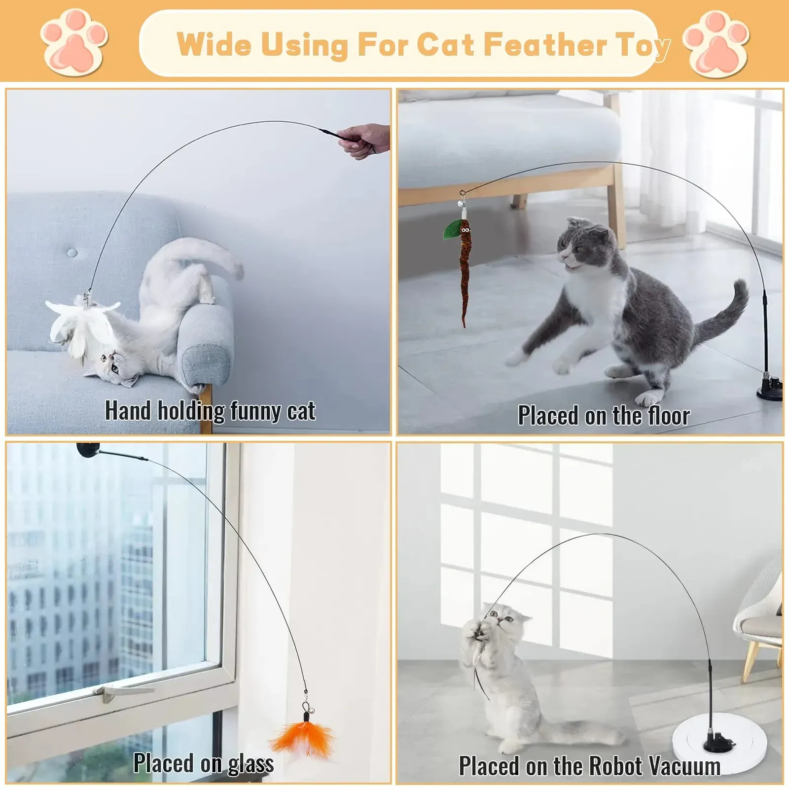 Baguette à plumes interactive pour chats et chatons avec ventouse détachable et 2 plumes de rechange 4