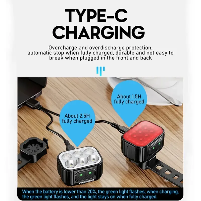 Feu avant et arrière LED rechargeable USB pour vélo Q6, ensemble d'éclairage pour VTT et vélo de route 2