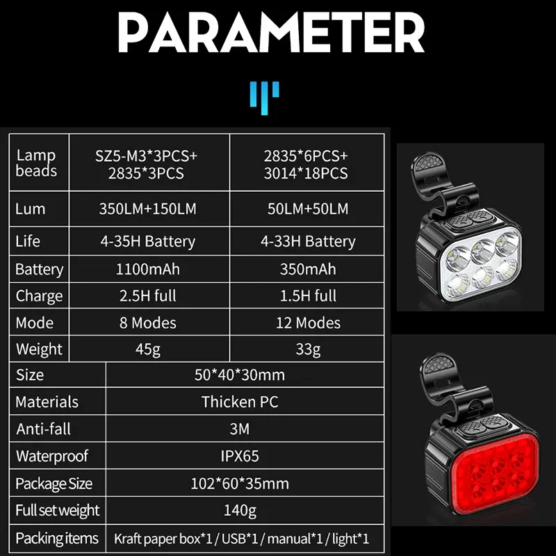 Ensemble de feux LED Q6 pour vélo