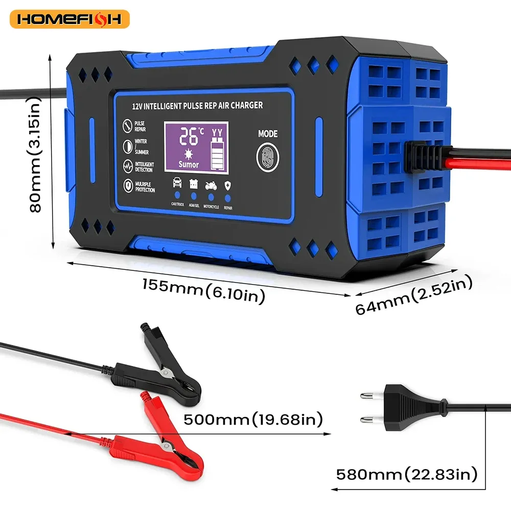 Chargeur intelligent 6A 12V pour batterie de voiture et de moto au plomb-acide, avec écran LCD et fonction de réparation 2