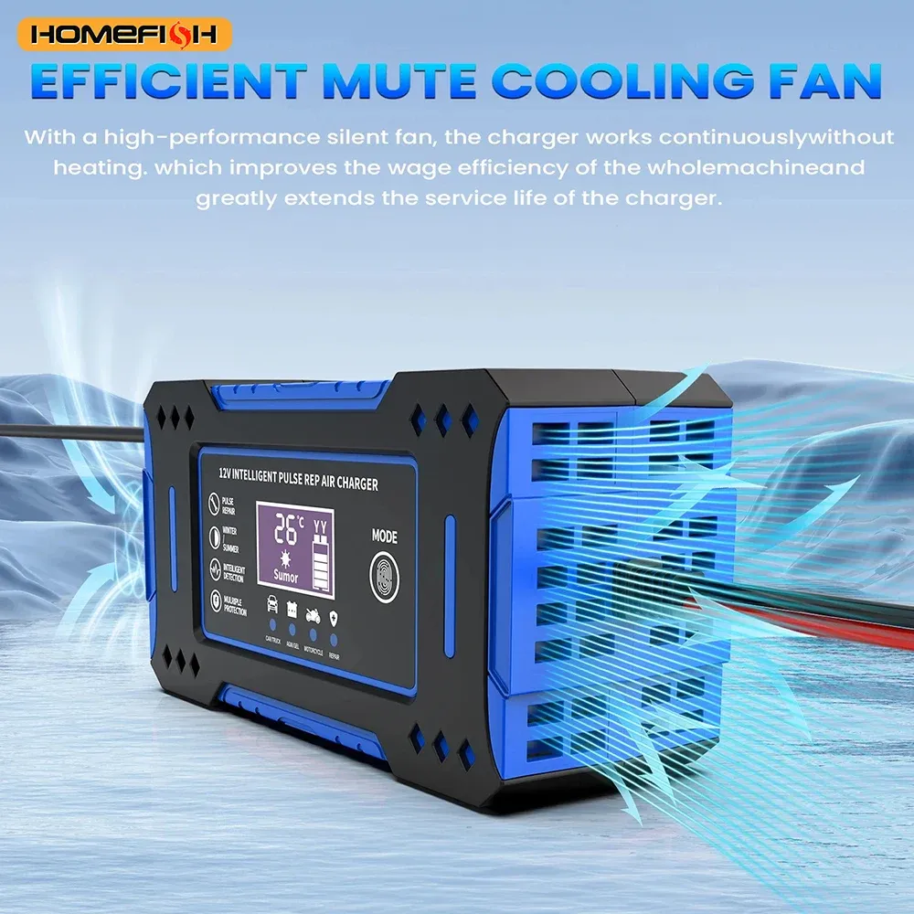 Chargeur intelligent 6A 12V pour batterie de voiture et de moto au plomb-acide, avec écran LCD et fonction de réparation 4
