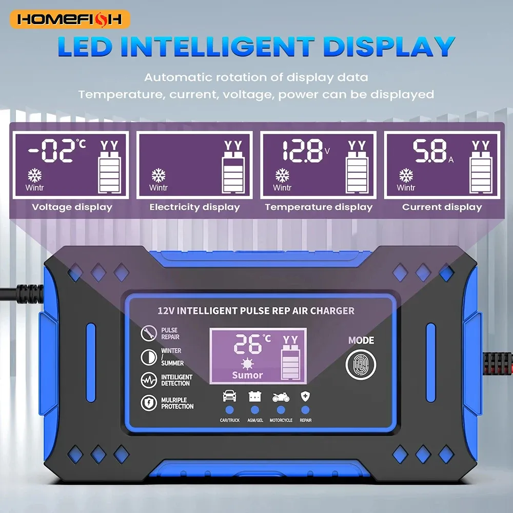 Chargeur intelligent 6A 12V pour batterie de voiture et de moto au plomb-acide, avec écran LCD et fonction de réparation 5