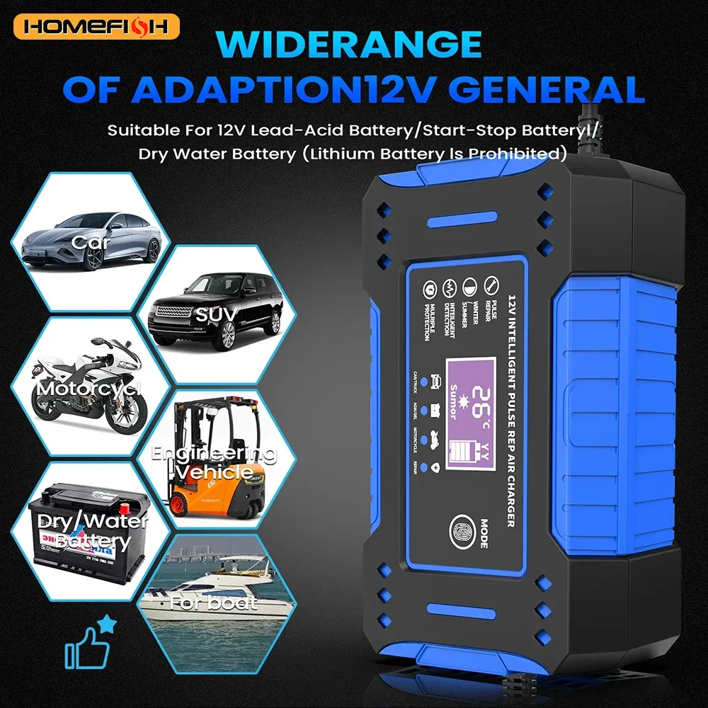 Chargeur intelligent 6A 12V pour batterie de voiture et de moto au plomb-acide, avec écran LCD et fonction de réparation 6