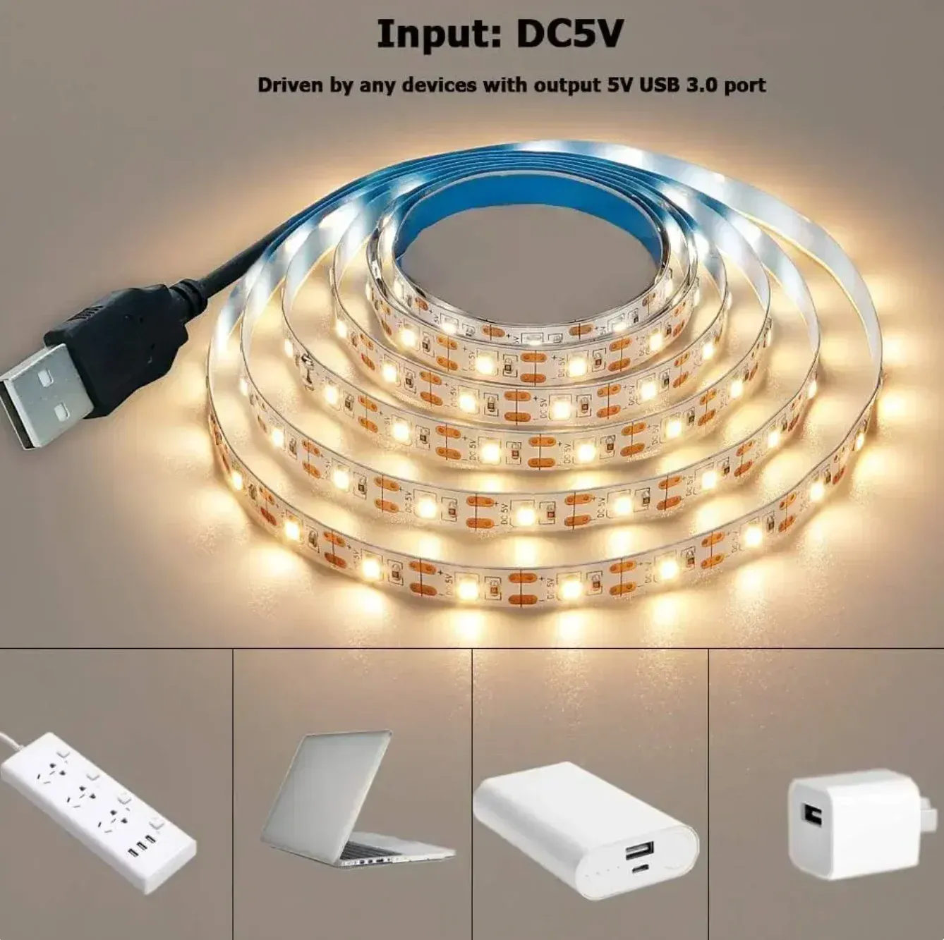 Bande LED USB 5V 2835 blanc chaud, rétroéclairage TV, décoration maison, 1 à 5 m 4