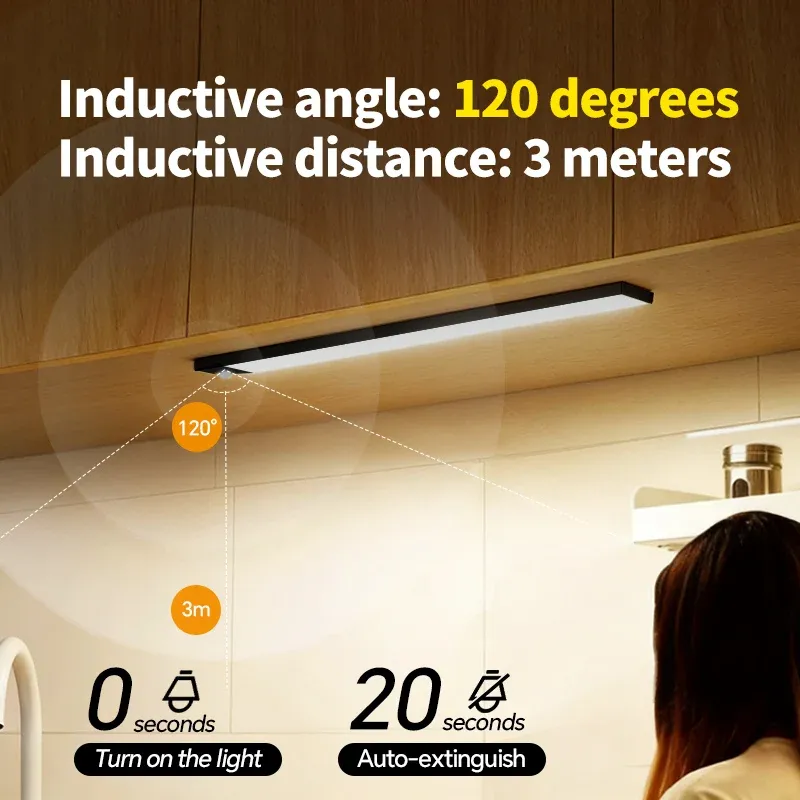 Lumière LED rechargeable USB avec détecteur de mouvement, disponible en noir et blanc – Éclairage sous armoire pour cuisine et maison