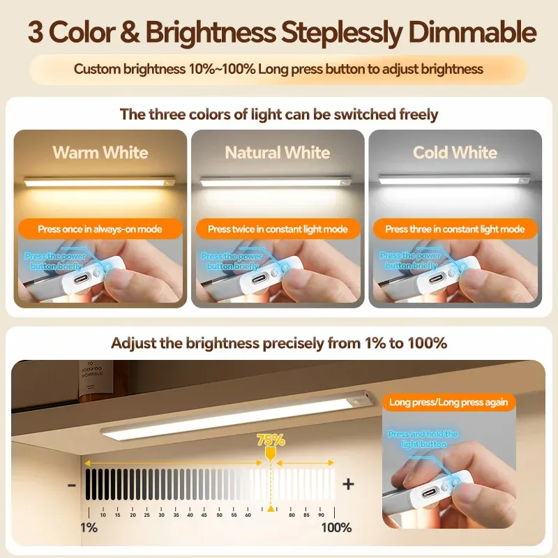 Lumière LED rechargeable USB avec détecteur de mouvement, disponible en noir et blanc – Éclairage sous armoire pour cuisine et maison 5