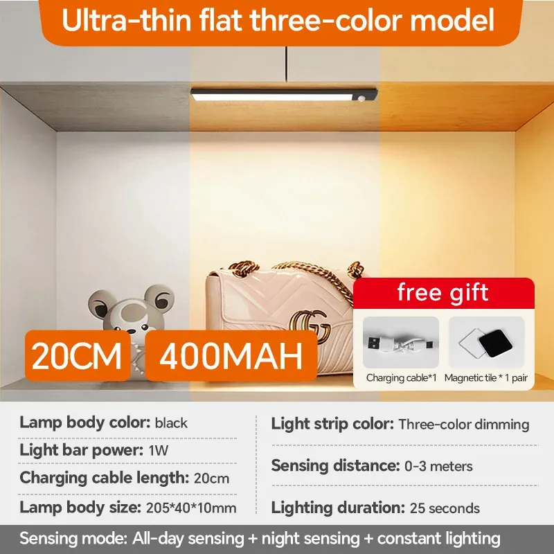 Lumière LED rechargeable USB avec détecteur de mouvement, disponible en noir et blanc – Éclairage sous armoire pour cuisine et maison 9