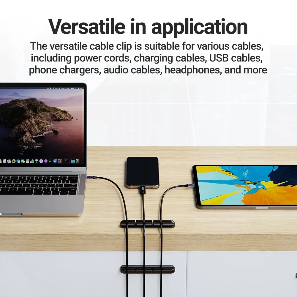 Le title is already in French, so I'll translate it into clean, professional French for an e-commerce listing without the keyword stuffing.

Clips de support de câble adhésifs, gestion des câbles pour bureau, passe-câbles pour câble de charge USB, table de chevet, alimentation et souris 6