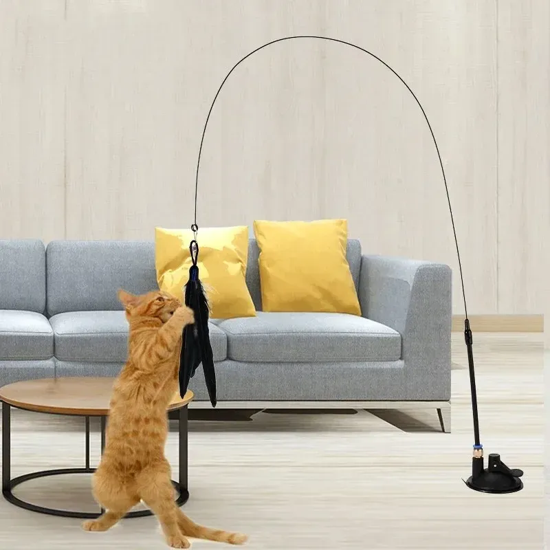 Jouet interactif pour chat à ventouse avec plume, tige en acier et clochette - Image 1