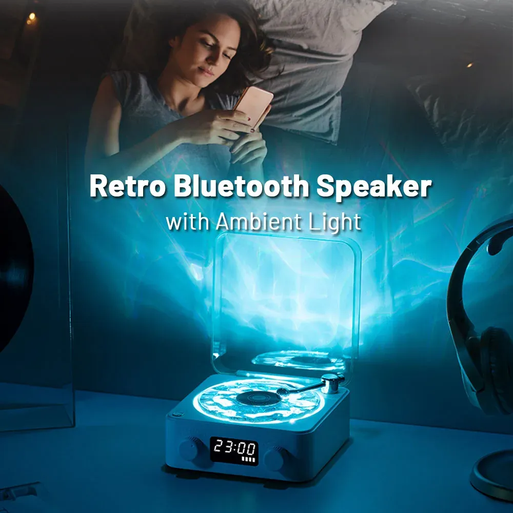 Enceinte Bluetooth rétro sur une table de chevet