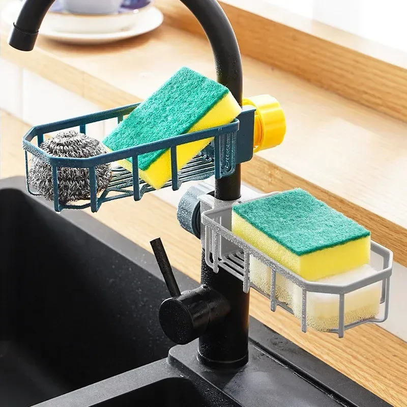 Égouttoir d'évier de cuisine réglable, support de robinet de rangement d'éponge, égouttoir à savon, panier organisateur d'accessoires de salle de bains, nouveau 4