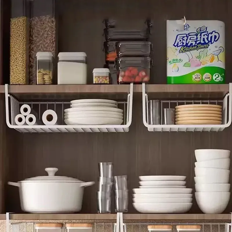 Panier de rangement coulissant suspendu sous étagère, grande capacité, pour placard et cuisine 2