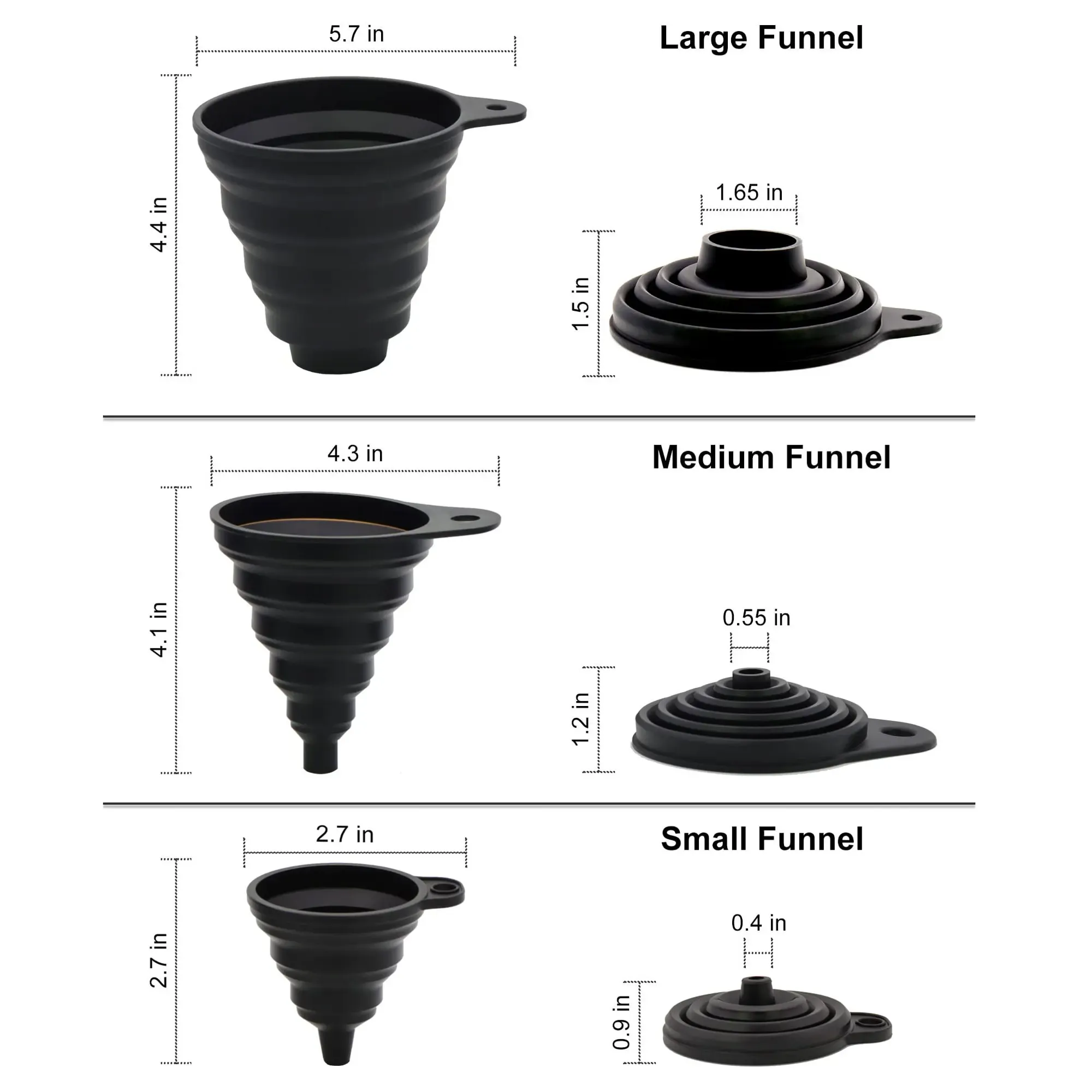 Ensemble de 3 entonnoirs de cuisine en silicone pliables, pour liquides et poudres 2