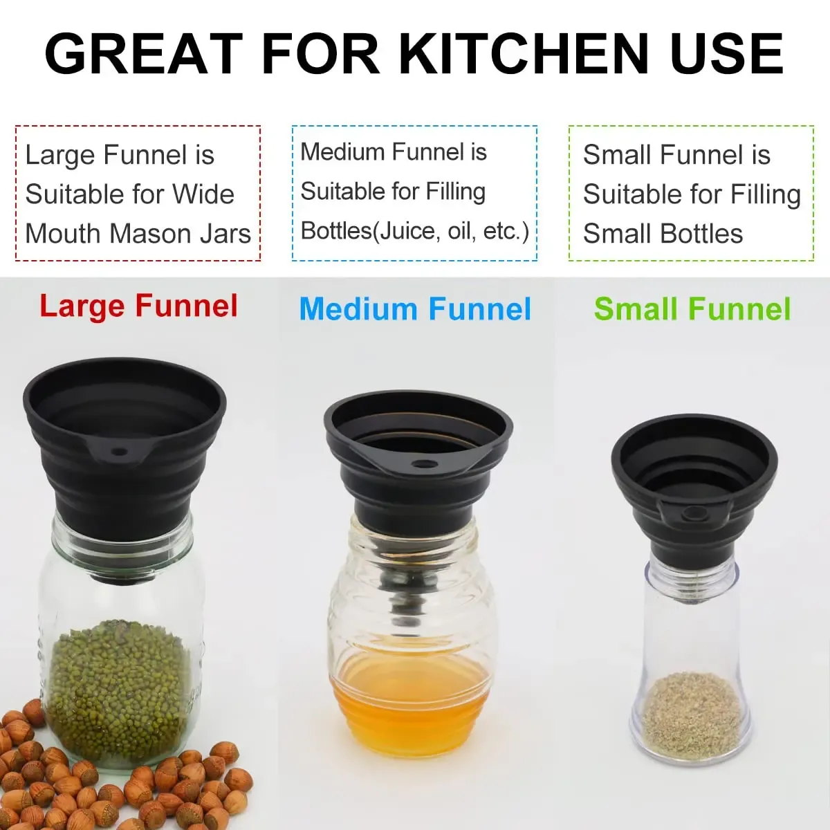 Ensemble de 3 entonnoirs de cuisine en silicone pliables, pour liquides et poudres 5