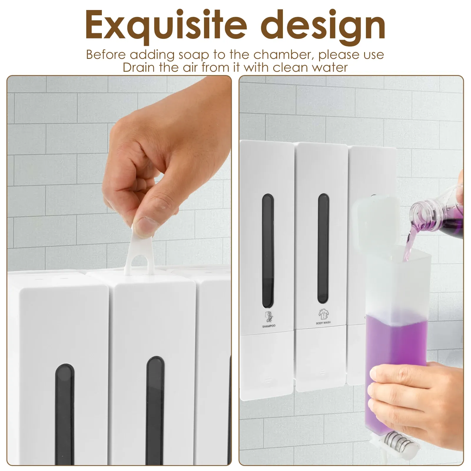 Distributeur mural de savon 400 ml à 3 compartiments pour douche, distributeur de shampoing et revitalisant, pour accessoires de salle de bain 4