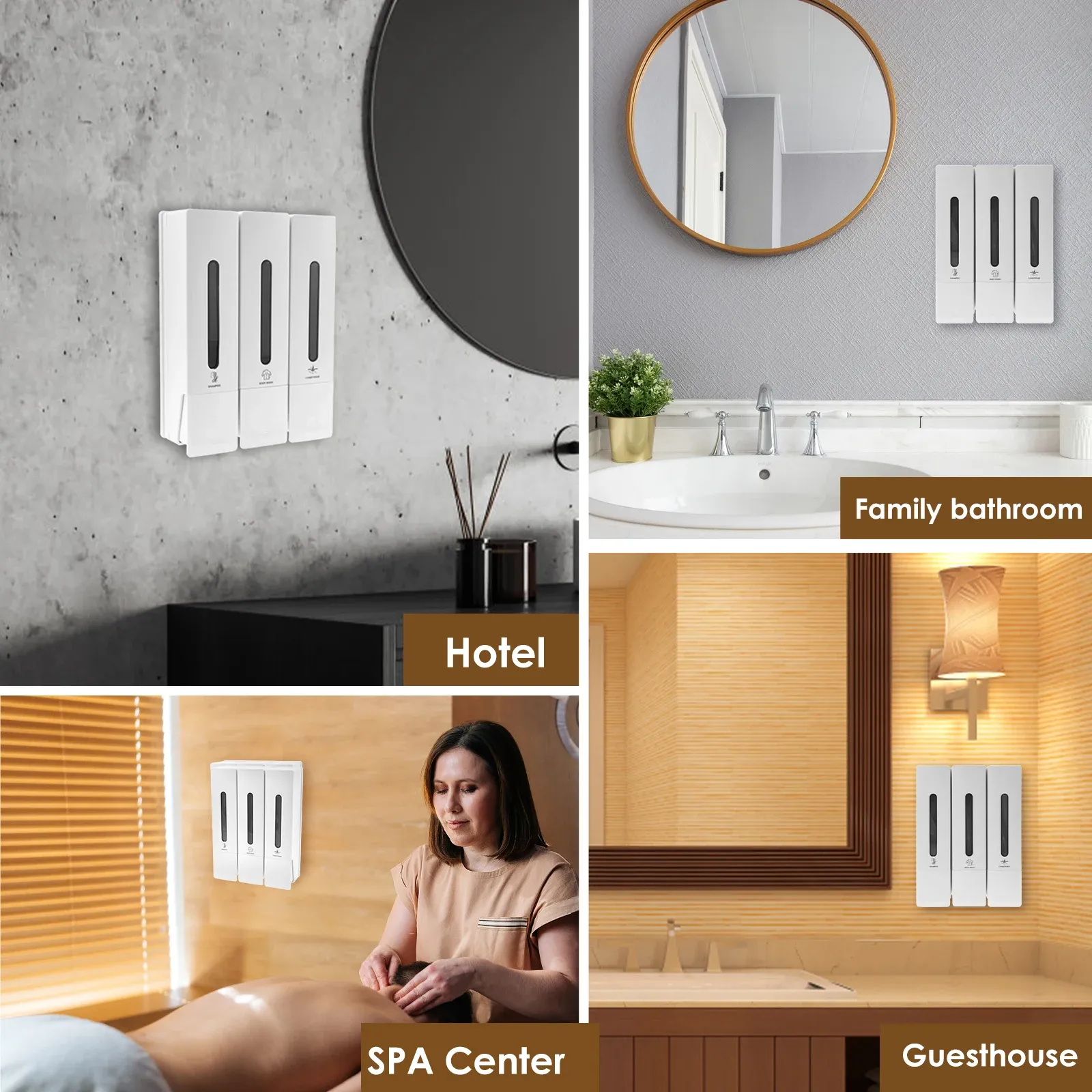 Distributeur mural de savon 400 ml à 3 compartiments pour douche, distributeur de shampoing et revitalisant, pour accessoires de salle de bain 5