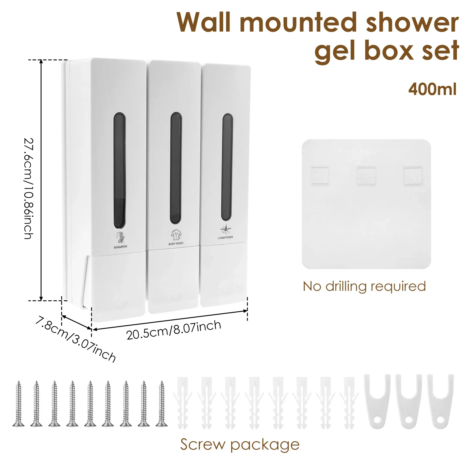 Distributeur mural de savon 400 ml à 3 compartiments pour douche, distributeur de shampoing et revitalisant, pour accessoires de salle de bain 6