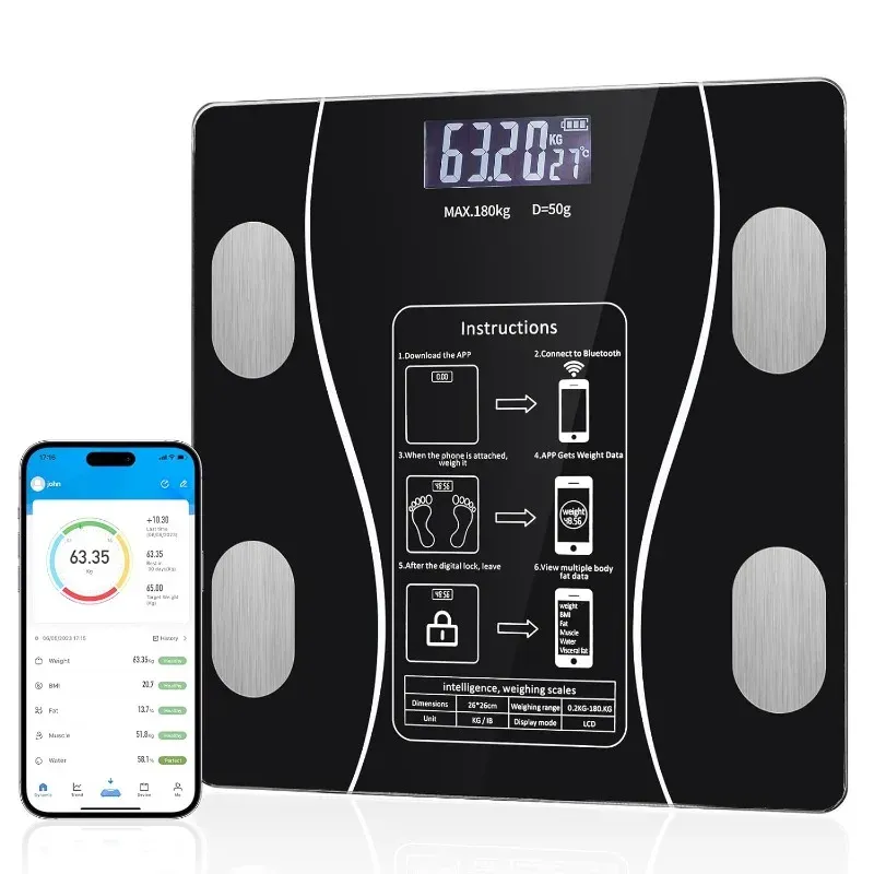 Pèse-personne connecté LED à affichage numérique, analyseur de composition corporelle avec application mobile, rechargeable par USB - Image 1