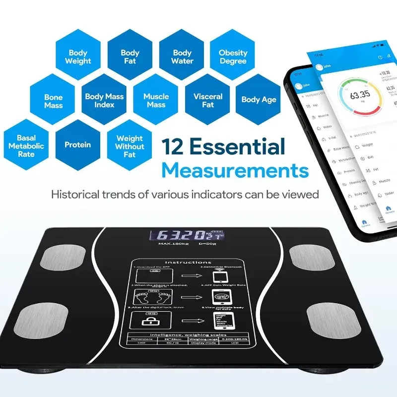 Pèse-personne connecté LED à affichage numérique, analyseur de composition corporelle avec application mobile, rechargeable par USB 3