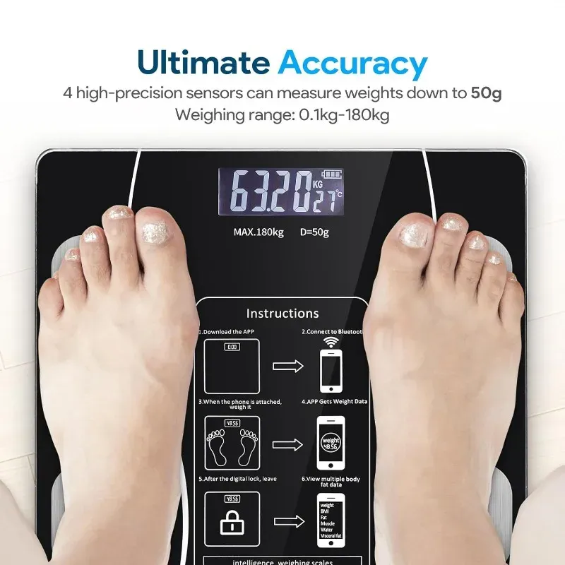 Pèse-personne connecté LED à affichage numérique, analyseur de composition corporelle avec application mobile, rechargeable par USB 4