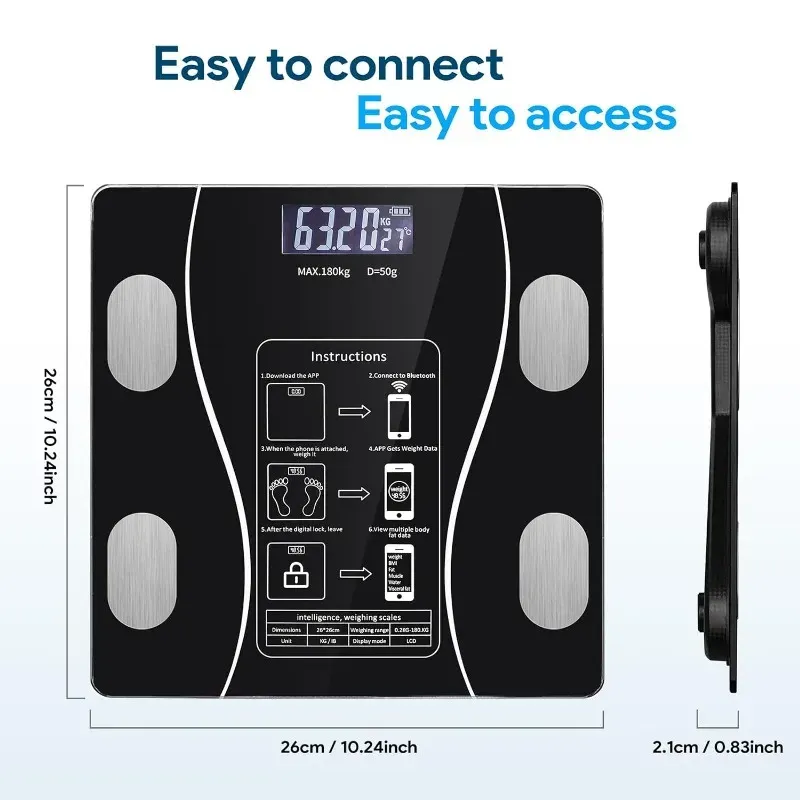 Pèse-personne connecté LED à affichage numérique, analyseur de composition corporelle avec application mobile, rechargeable par USB 6