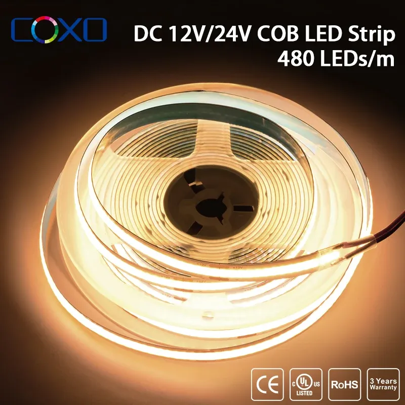 Ruban LED COB certifié UL, 320 à 480 LED/m, 16,4 pieds, haute densité, 3000–6500 K, IRC 90, dimmable, 12 V / 24 V CC