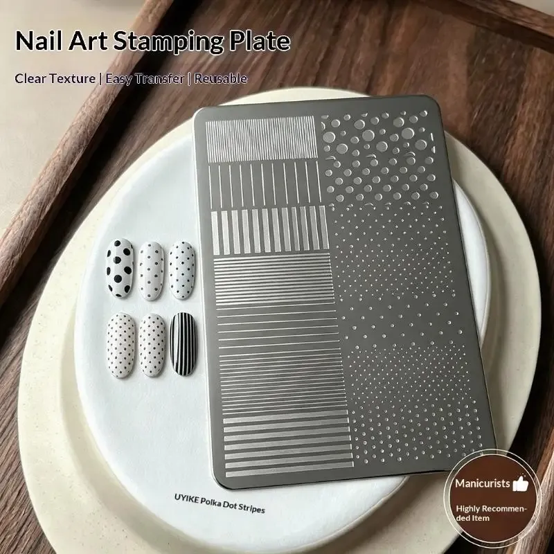 Plaques de stamping en acier inoxydable pour ongles, motifs rayures, ondulations et points, pochoir de transfert nail art, outil de manucure DIY - Image 1