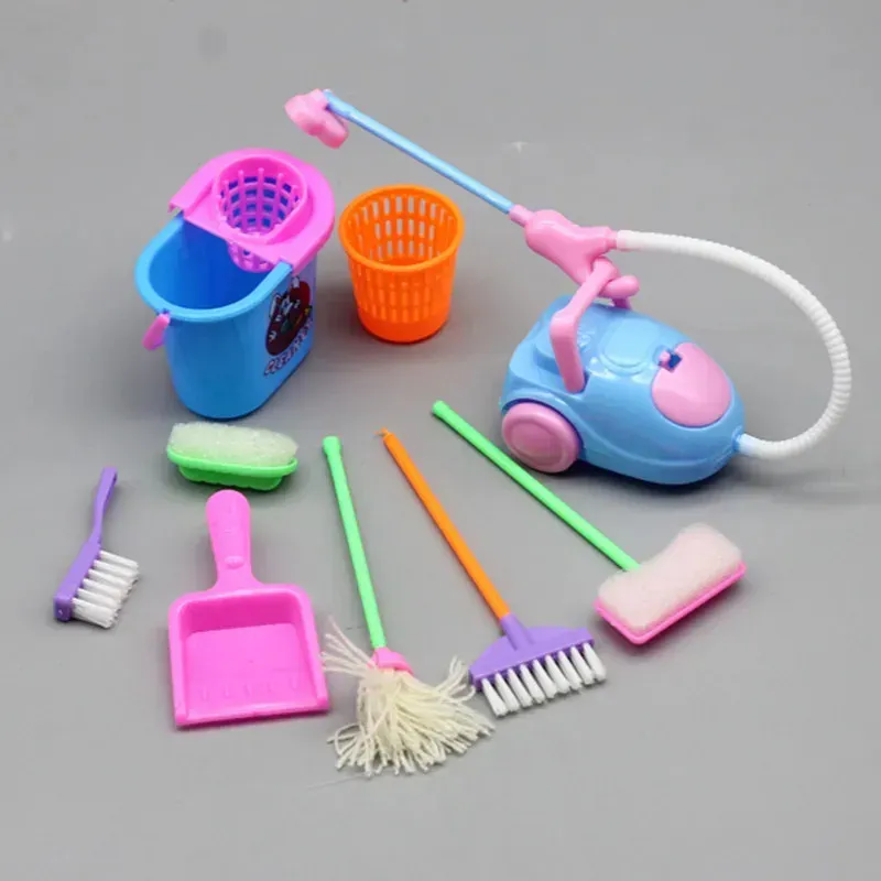 Ensemble d'accessoires de ménage miniatures pour maison de poupée : seau, balai, balai-brosse et brosse, 9 pièces, pour BJD et enfants - Image 1