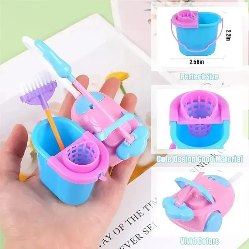 Ensemble d'accessoires de ménage miniatures pour maison de poupée : seau, balai, balai-brosse et brosse, 9 pièces, pour BJD et enfants 3