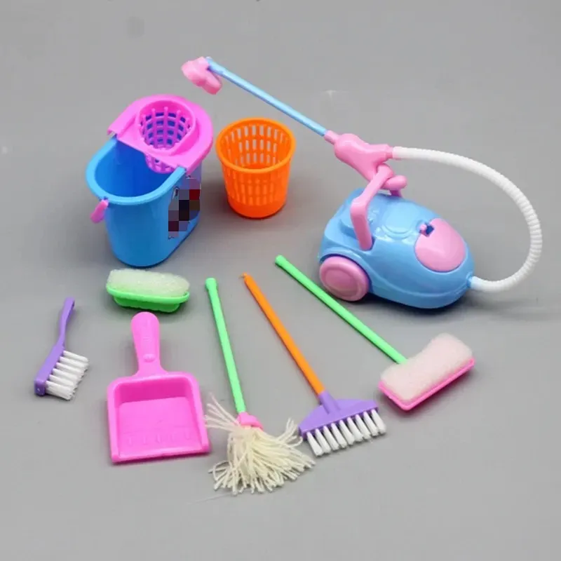 Ensemble d'accessoires de ménage miniatures pour maison de poupée : seau, balai, balai-brosse et brosse, 9 pièces, pour BJD et enfants 7