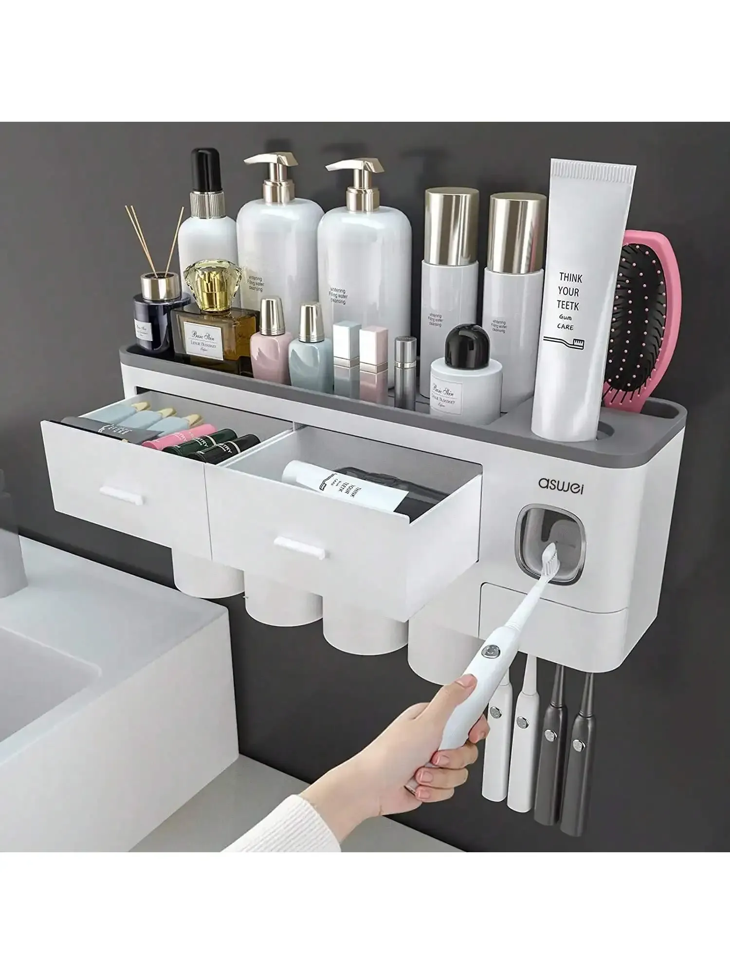 Porte-brosses à dents mural sans perçage – Organisateur 2 en 1 avec presse-dentifrice et support de rangement