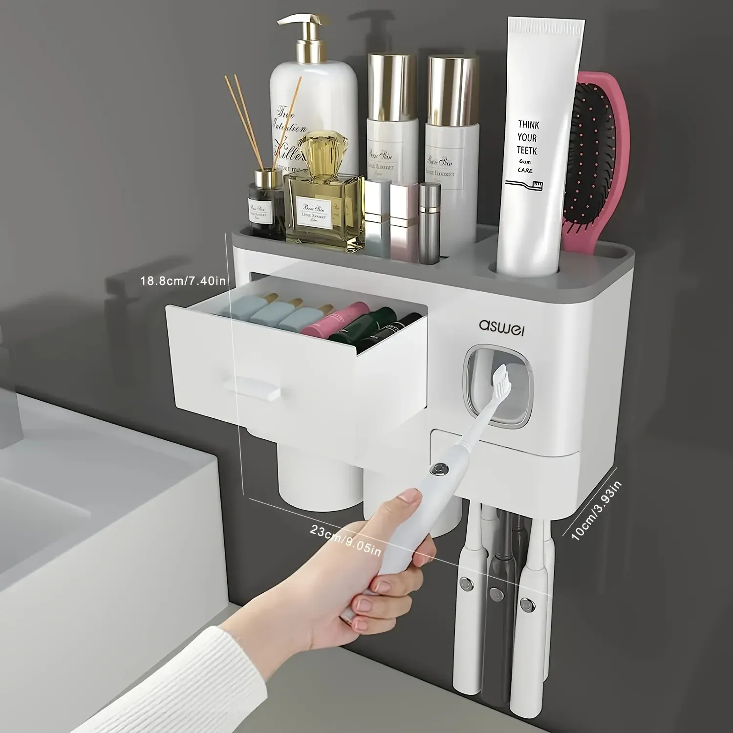 Gros plan sur les finitions du porte-brosse à dents