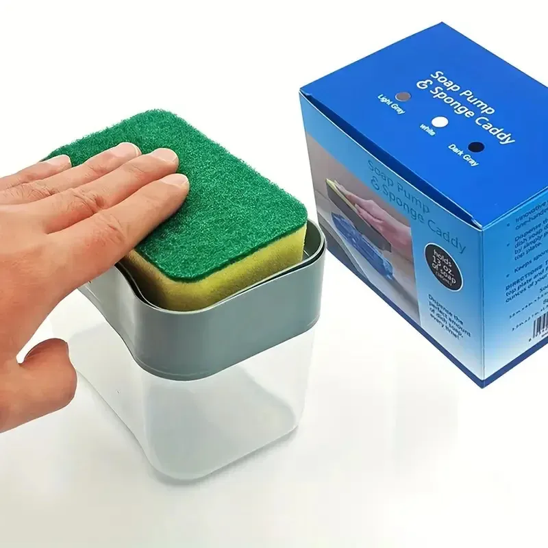 Distributeur automatique de savon 2 pièces avec support éponge et pompe, distributeur de liquide vaisselle avec support éponge et lingette, pour évier de cuisine 5