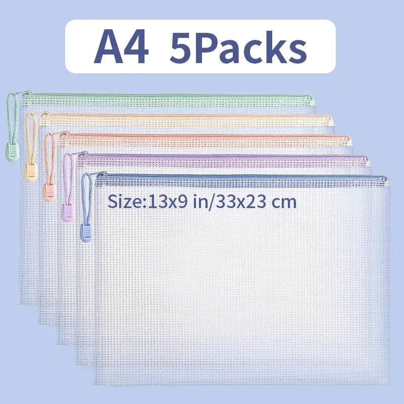 Pochette en filet transparente à fermeture éclair, formats A4 et A5, étanche, pour le rangement de documents, idéale pour les voyages, le bureau et l'école, couleur assortie au hasard 7