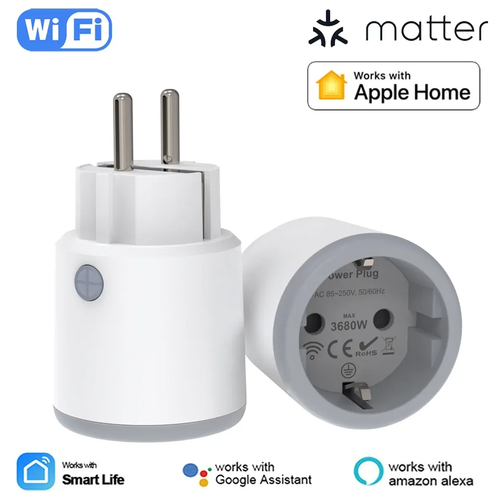 Prise intelligente Wi-Fi Matter 16 A avec compteur de puissance, télécommande, prise UE, compatible Tuya, HomeKit, Alexa, Google Home et Smart Life - Image 1